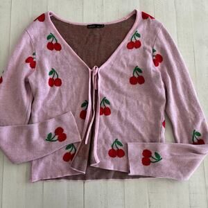Y2K Nikka K pink cherry tie-front cardigan sweater Size M EUC